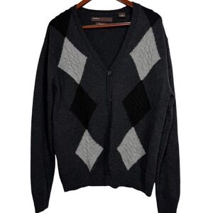 Perry Ellis Mens Merino Wool Argyle Cardigan Sweater Gray Black Large V-Neck